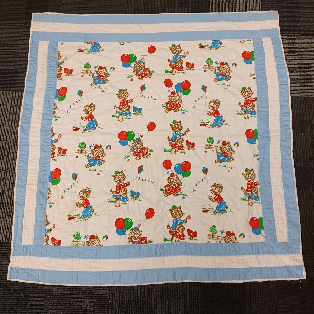 Vintage Handmade Cat And Clown Baby Blanket Quilt Juggling 42"x44" Reversible